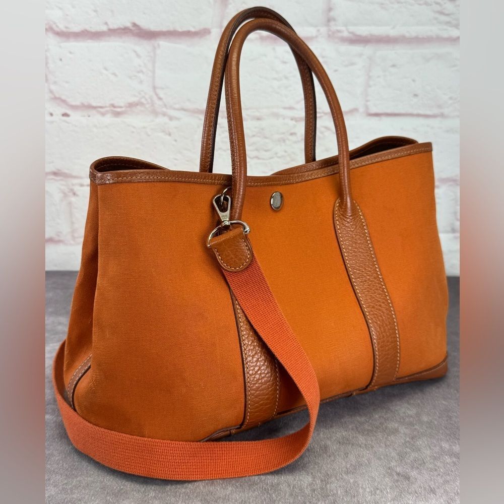 Hermes Garden Party Small Orange Toile Leather Canvas Tote Bag